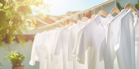 Clothes gently swaying on a line in the bright, sunny outdoors