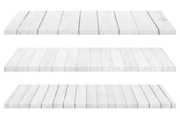 Set of wooden white tabletop or wood shelf isolated on transparent background.