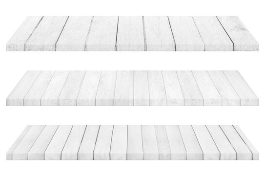 Set of wooden white tabletop or wood shelf isolated on transparent background.
