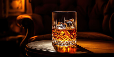 The solitary elegance of whiskey and ice on a table, accentuated by the room's dim lighting