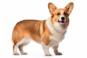 Corgi standing on a white background. Animal right-side portrait.