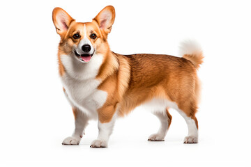 Corgi standing on a white background. Animal left-side portrait.