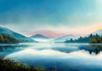 realistic illustration of morning view of peaceful lake landscape with clear sky and fog over the water