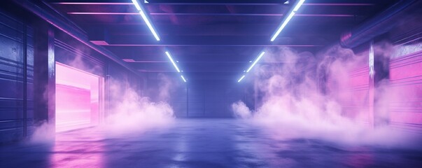Neon Sci Fi Futuristic Pantone Purple Yellow Laser Cyber Virtual Concrete Smoke Fog Garage Showcase...