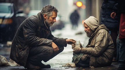 a poignant moment on an American street on a cold, rainy day. A passer-by man, empathetic and compassionate, offers food and money to a homeless man with old clothes and messy, dirty grey hair, sittin - obrazy, fototapety, plakaty