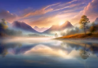 Foto op Aluminium realistic illustration of morning view of peaceful lake landscape with clear sky and fog over the water © ANTONIUS