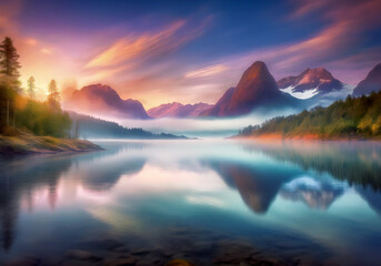 Fototapeta na wymiar realistic illustration of morning view of peaceful lake landscape with clear sky and fog over the water