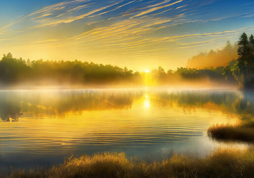 realistic illustration of morning view of peaceful lake landscape with clear sky and fog over the water