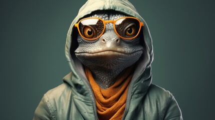 Poster of a lizard with a hood and glasses - obrazy, fototapety, plakaty
