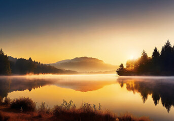 Obraz premium realistic illustration of morning view of peaceful lake landscape with clear sky and fog over the water