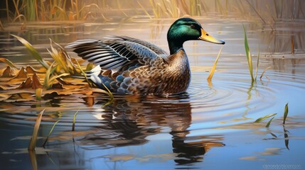 Fototapeta premium Capture the iridescence of a mallard drake's feathers as it swims gracefully through crystal-clear waters surrounded by reeds.