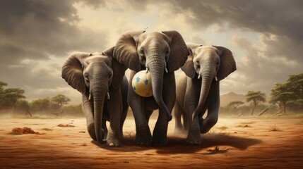 Fototapeta na wymiar Poster of elephants playing ball with their feet