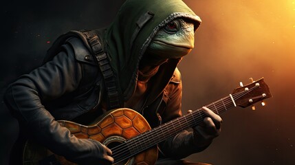 Poster of Turtle wearing a guitar and a hood
