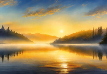 realistic illustration of morning view of peaceful lake landscape with clear sky and fog over the water