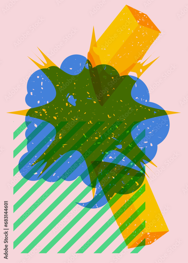 Poster risograph speech bubble with geometric shapes. geometry elements with message symbol in trendy riso 