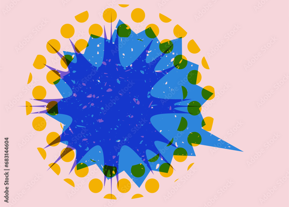 Poster risograph speech bubble with geometric shapes. geometry elements with message symbol in trendy riso 