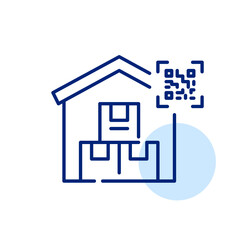 Delivery company warehouse with parcel boxes and qr code symbol. Pixel perfect, editable stroke icon
