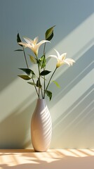 Beautiful floral arrangement in vase set against sun shadow on the wall.
