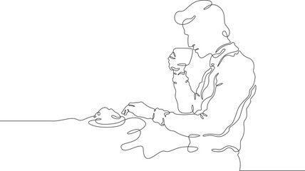 A young man drinks a hot drink. Male character with a cup of tea. Morning hot coffee in a cafe. One continuous line drawing. Linear. Hand drawn, white background. One line.