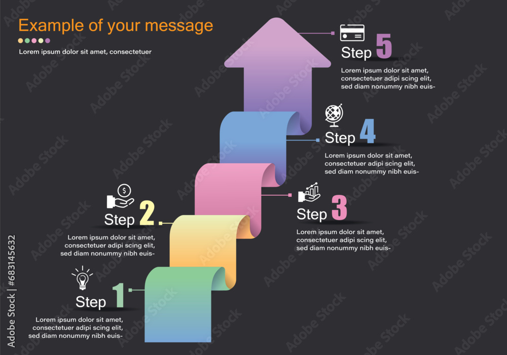 Poster vector infographic on a gray-black background of arrows with moving ribbon-like steps in 4 clearly c