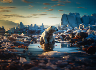 The critical crossroads of the polar bear's extreme life due to human environmental pollution. polar bear in the region, which is threatened by global warming.

