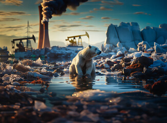 The critical crossroads of the polar bear's extreme life due to human environmental pollution. polar bear in the region, which is threatened by global warming.
 - obrazy, fototapety, plakaty