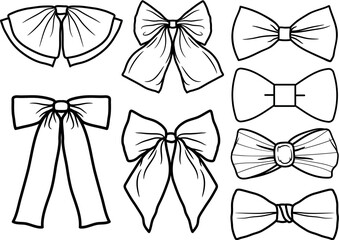 Set of graphical decorative bows Silhouette , Ribbon bow gift, Black hand drawn bows and ribbons , Holiday clip art vector illustration