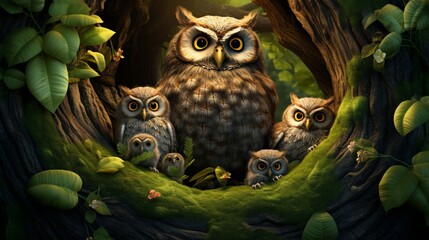 Frame a charming scene of a mother owl and her owlets peeking from a cozy nest in the hollow of a majestic oak tree in the spring forest.