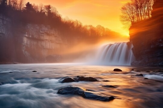 Sunrise under waterfall