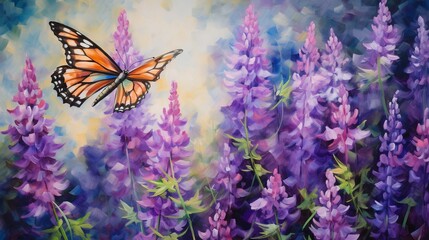 Freeze the graceful dance of a butterfly as it flits among a field of wild lupine, creating a kaleidoscope of colors in the spring breeze.