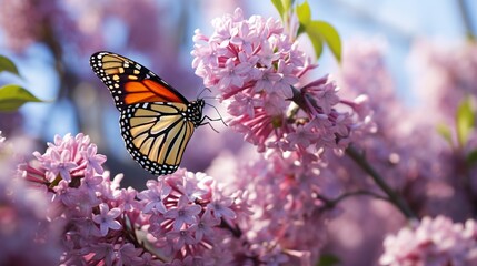 Freeze the moment a butterfly delicately lands on a budding lilac bush, creating a harmonious scene in the spring garden.