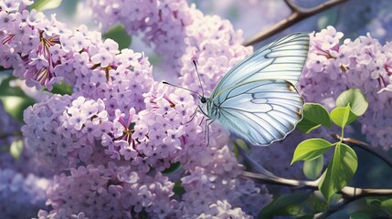 Freeze the moment a butterfly delicately lands on a budding lilac bush, creating a harmonious scene in the spring garden.