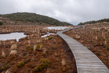 Boardwalk across the high alpine wetlands of the Rotokawa pools on the Waitonga Falls Track on Mount Ruapehu, Tongariro National Park, New Zealand. 