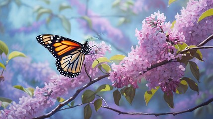 Freeze the moment a butterfly delicately lands on a budding lilac bush, creating a harmonious scene in the spring garden.