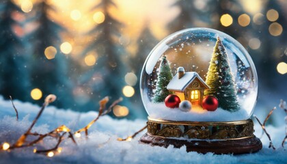 Snow globe with Christmas decorations in snow background
