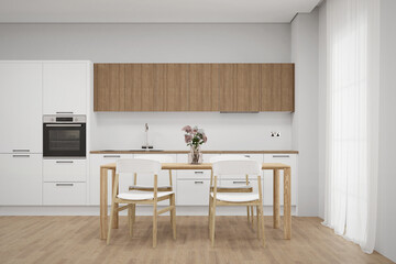 Dining room and kitchen with furniture. 3d rendering of interior background.