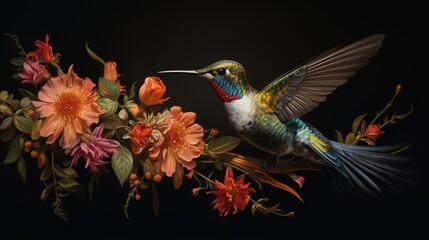 Highlight the intricate details of a hummingbird mid-flight, sipping nectar from a cluster of freshly bloomed wildflowers.