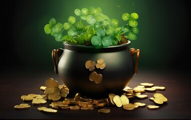 St Patricks Day poster. Pot of gold with green shamrocks. Bunch of golden coins on the wooden table surface, money scattered. Black cauldron with clover leafs. Party poster design. AI Generative. - Powered by Adobe