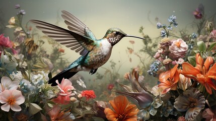 Highlight the intricate details of a hummingbird mid-flight, sipping nectar from a cluster of freshly bloomed wildflowers.