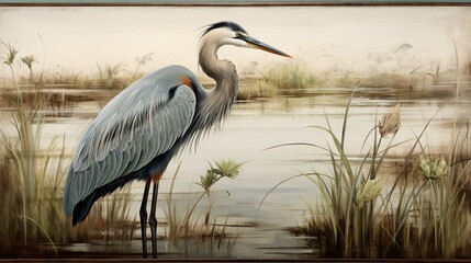 Highlight the serene elegance of a great blue heron standing tall in the shallows of a tranquil wetland, framed by emerald reeds.