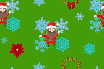 Santa Claus with a Christmas tree seamless pattern on a green background