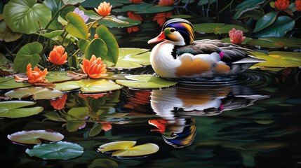 Highlight the striking colors of a mandarin duck as it glides serenely on a calm pond, surrounded by lush aquatic vegetation.
