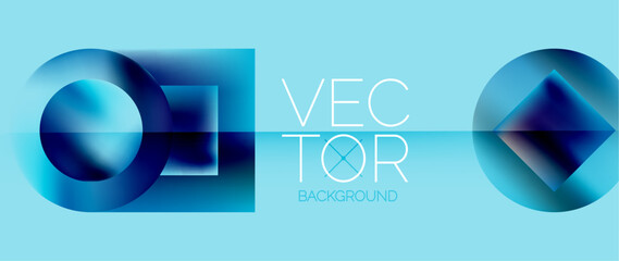 Squares and circles design. Fluid color gradients with metallic effects. Serene synergy of shapes, merging squares and circles into harmonious, captivating design