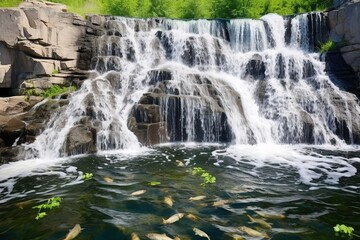 Fototapeta premium waterfall in the forest with fish swim and dive below,