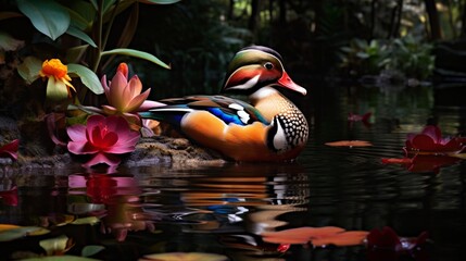Highlight the striking colors of a mandarin duck as it glides serenely on a calm pond, surrounded by lush aquatic vegetation.