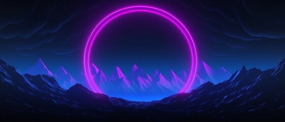 Obraz premium abstract future Sci-Fi Modern neon purple and blue circle neon light glow landscape mountain night black background 3d render illustration. neon light with landscape mountain dark black background