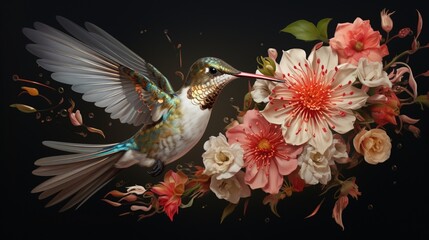 Highlight the intricate details of a hummingbird mid-flight, sipping nectar from a cluster of freshly bloomed wildflowers.