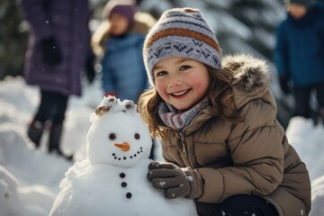 Joyful Child Building a Snowman in Winter Wonderland
