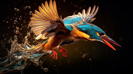 Highlight the vivid colors of a kingfisher in the midst of a successful dive, emerging from the water with a gleaming catch.