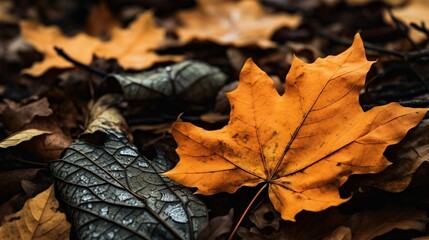 Macro shot of the forest floor, showing fallen leaves. Nature's artistry.